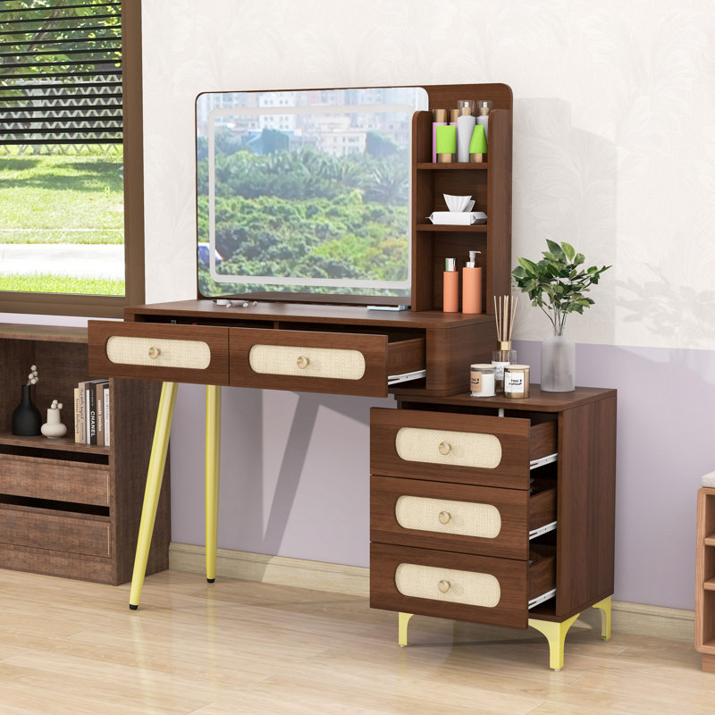 Bureau de maquillage avec miroir et lumières, 5 tiroirs et tablettes de rangement, Brun