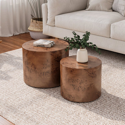 Nesting Coffee Table Set Of 2, Modern Round Coffee Table, Wooden Circle Accent Tables For Small Spaces Living Room Bedroom Balcony Office Drum Side Table, Brown Burl