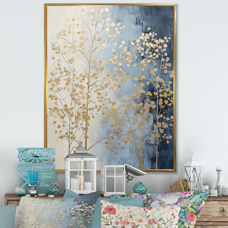 Minimalisme harmonie des arbres beiges et bleus, impression sur toile, Cadre flottant doré, H 40 po x l 30 po x P 1,5 po