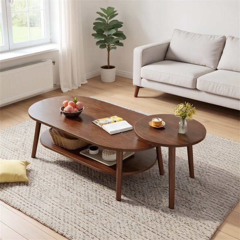 2-Piece Nesting Coffee Table Set, with 2-Tier Storage & Rustic Wood Grain, Oval & Round Tabletop, Minimalist Modern Style