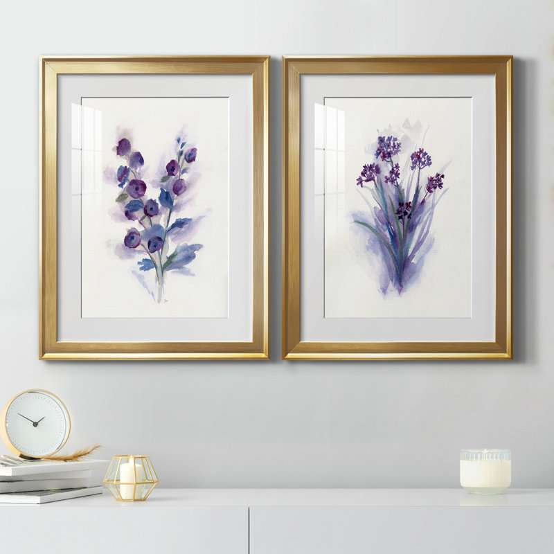 «Pretty in Purple I», ensemble de 2 reproductions d'art, H 18,5 po x l 49 po x P 1,5 po, Papier encadré doré, Blanc
