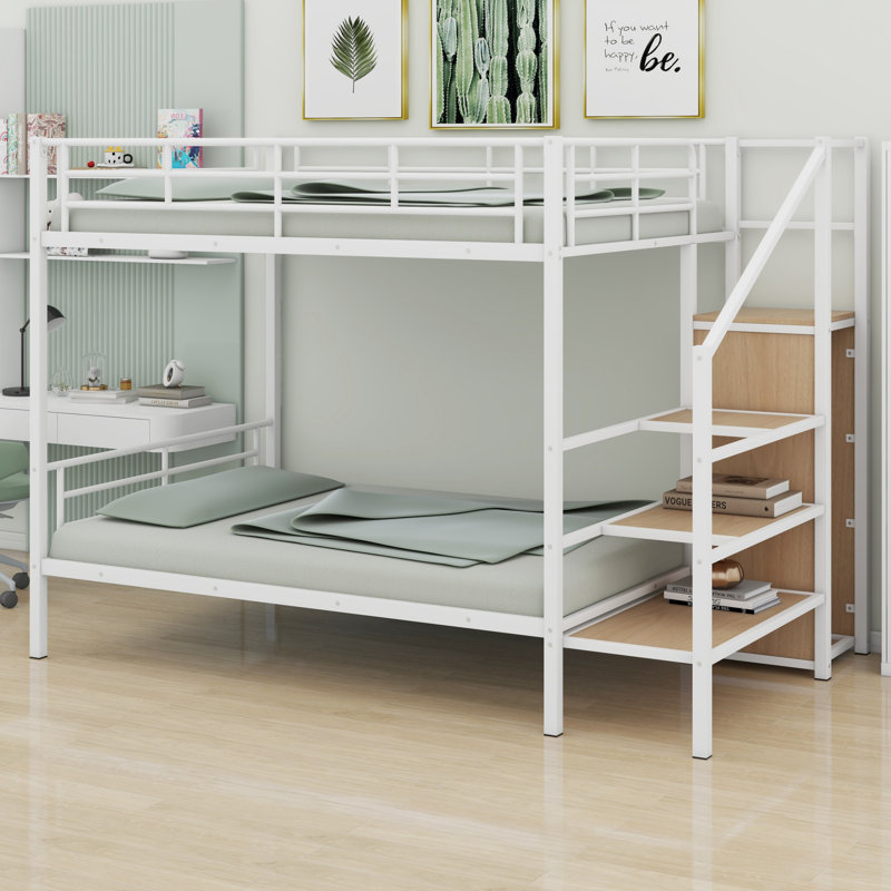 Lit superposé en métal avec garde-robe, Blanc/naturel