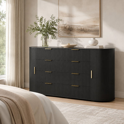 Commode à 8 tiroirs de 55,1 po de largeur avec station de charge, commode à texture ondulée moderne, grande armoire de rangement pour chambre à coucher, salon et entrée