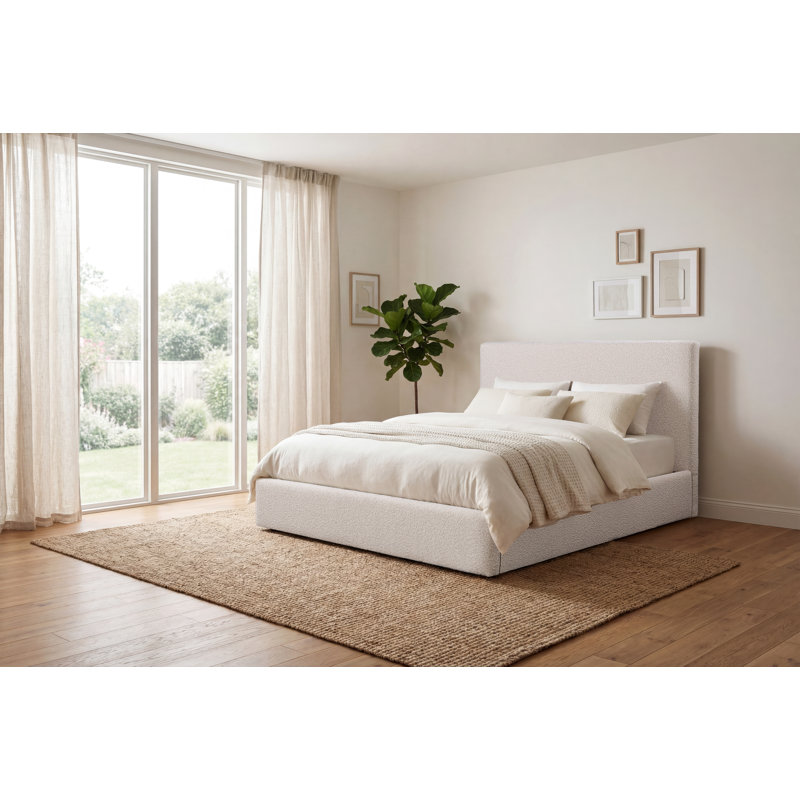 Kaiser Mid-Century Upholstered Platform Bed, Ivory Boucle, Queen
