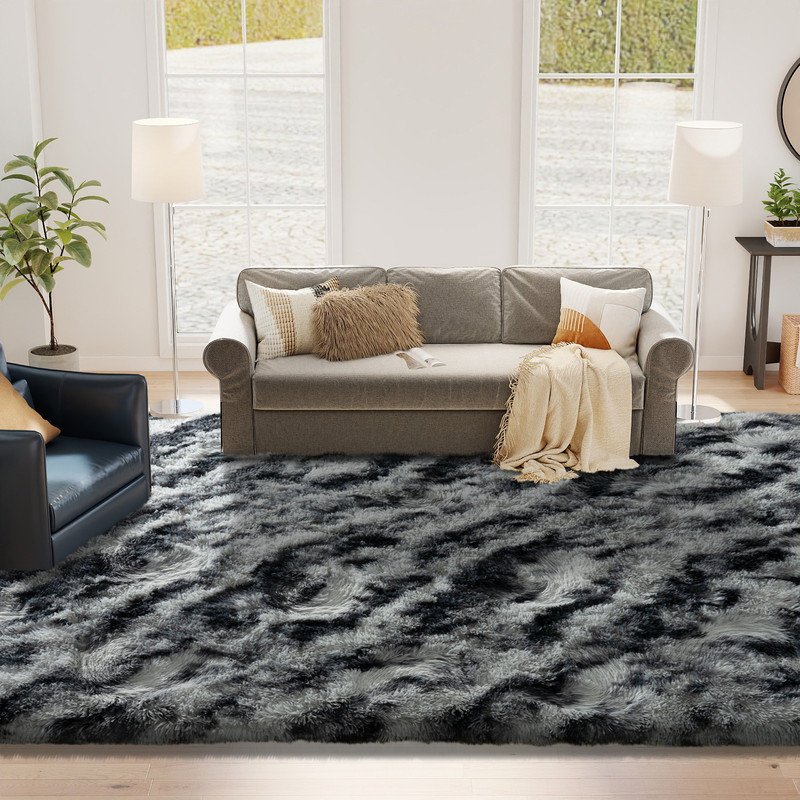  Fluffy Fuzzy Shag Area Tie-dye black Indoor Carpet for Living Room Bedroom Bedside Office Hotel, Rectangle 9' x 12'