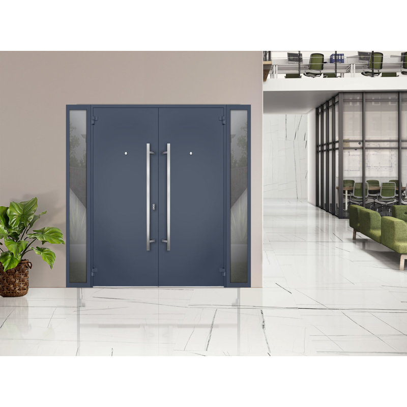 Façade avant extérieure portes doubles en métal / deux avec insert en acier inoxydable gris graphite 0729/2 fenêtres extérieures avec panneaux latéraux / porte d'entrée moderne peinte à gauche de 96 po x 80 po