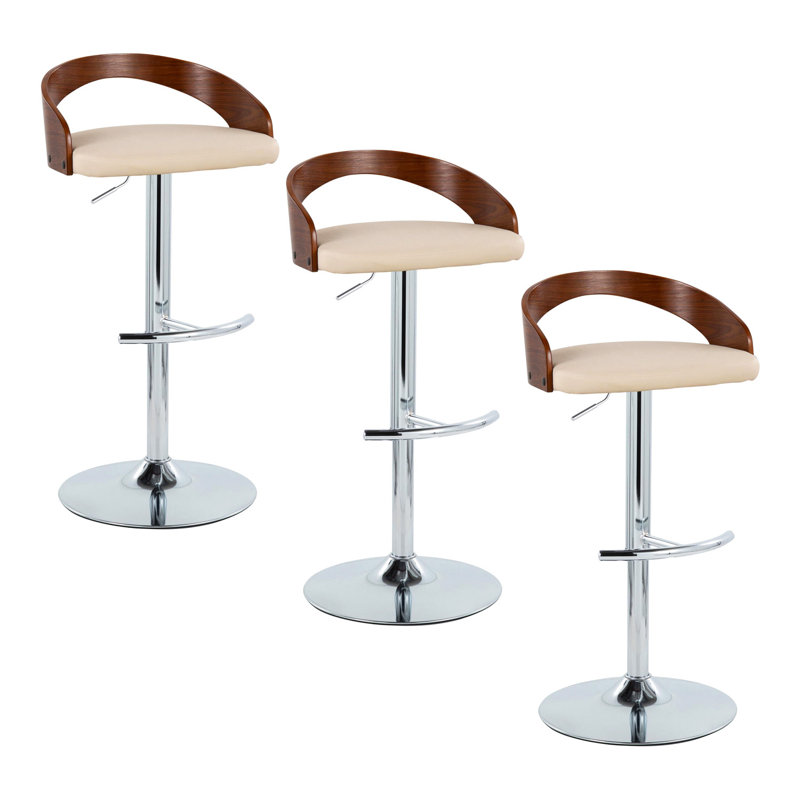Tabouret de bar réglable avec pivot en métal chromé, bois de noyer et similicuir crème avec repose-pieds arrondi en T - ensemble de 3