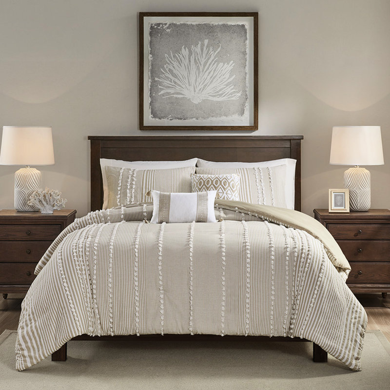 Housse de couette 100% coton teinté avec des rayures taupe et blanches ravissantes chenille 3 pièces