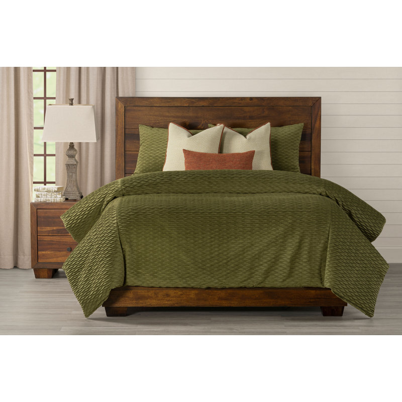 Pleated Velvet Olive Green Duvet Cover & Insert Set, Queen Duvet Cover + 2 Shams + 3 Pillows