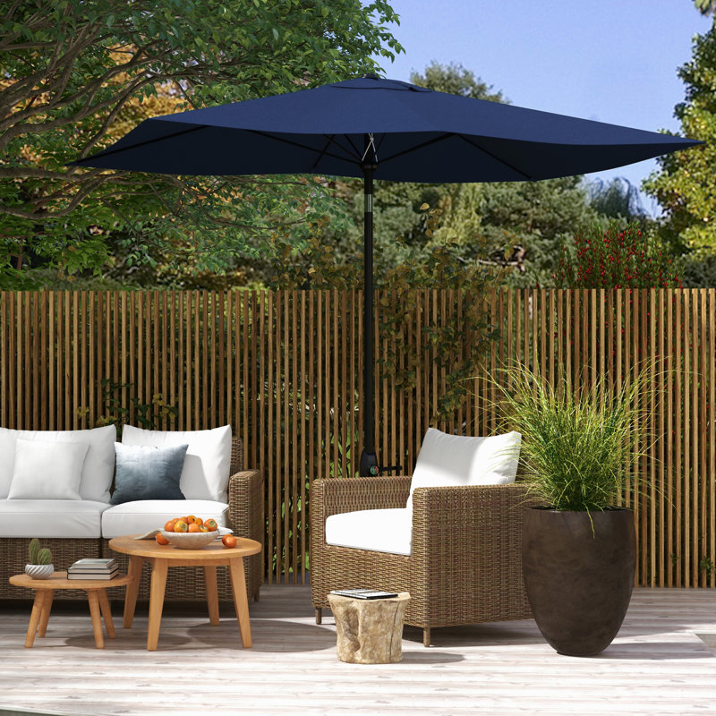Parasol de table rectangulaire bleu 6,5 pi x 10 pi, parasol de table d'extérieur avec manivelle, inclinaison réglable et protection simple 50+