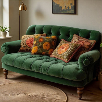 Green Buckle Straight-Back Two-Seater Sofa