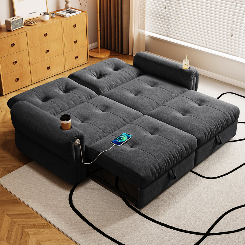 Lit convertible multifonctionnel de 77 pouces pour chambre à coucher, salon, appartement et bureau personnel, tissu de flanelle, rembourrage en mousse, style minimaliste gris foncé, cadre en mousse facile à manipuler, hauteur acier