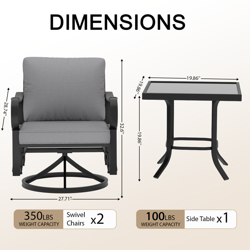 Ensemble de chaises de patio 3 pièces pivotantes avec table d'appoint, ensemble de conversation en métal pour 2 personnes
