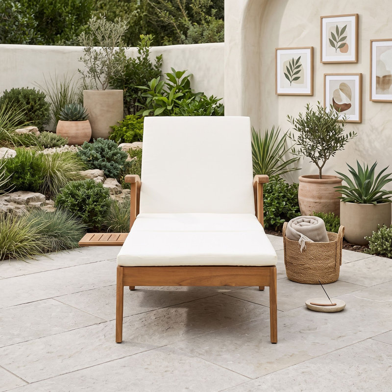 Chaise longue d'extérieur avec roulettes, dossier réglable à 4 positions, coussin épais et structure en bois massif
