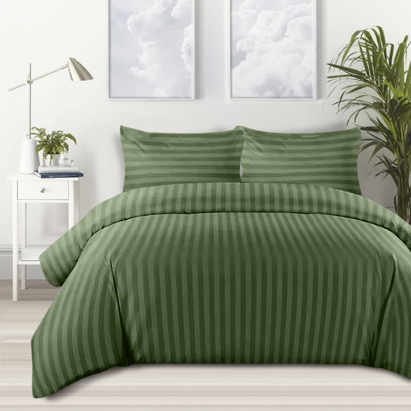 Stripe Duvet Cover Complete Bedding Set - Microfiber Duvet, Fitted Sheet & Pillowcases, Olive Green Striped