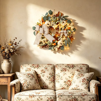 Couronne d'automne 20 pouces avec lumières de minuterie à DEL, pour la porte d'entrée du porche de la fenêtre d'entrée