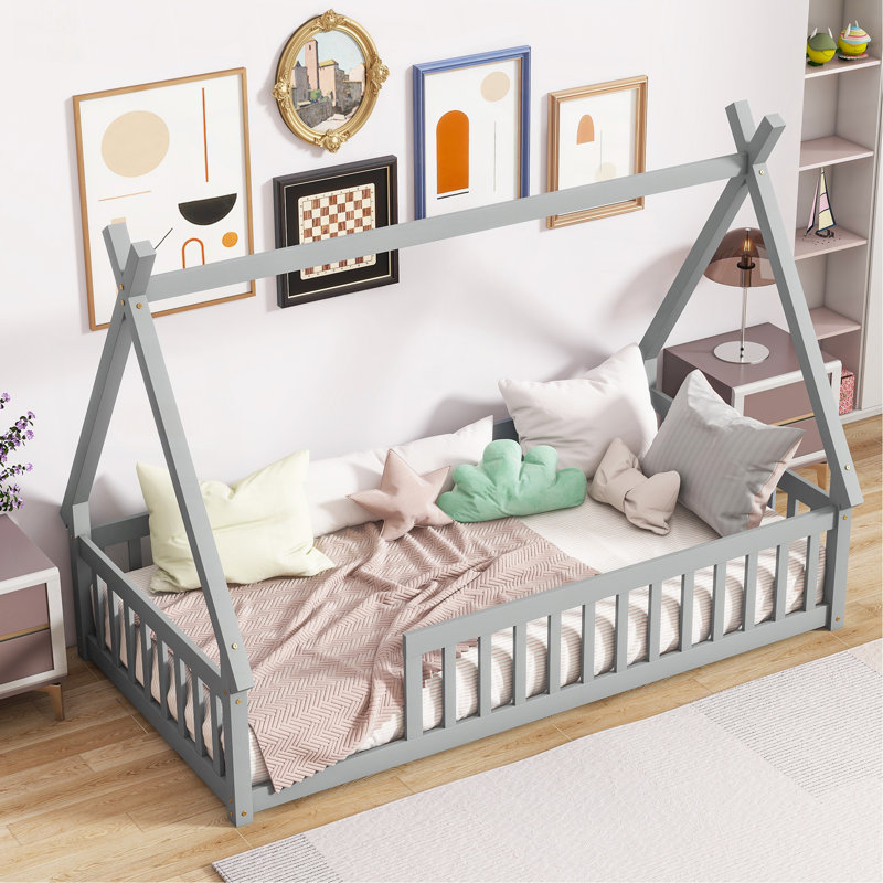 Lit simple en forme de tente, lit tipi avec garde-corps, lattes, gris, Gris