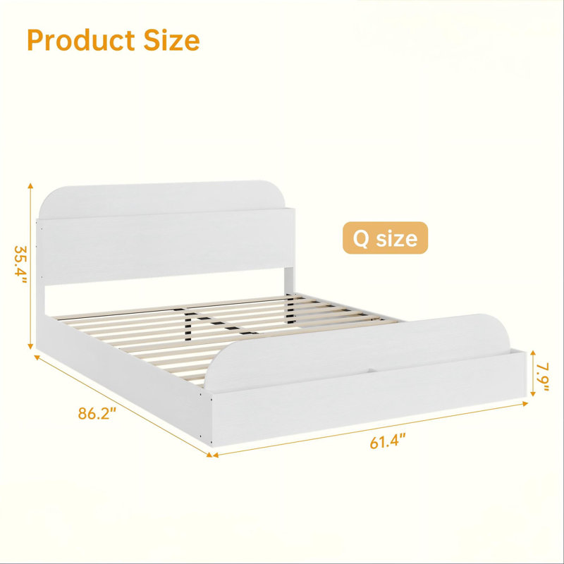 Structure de lit de tête de lit robuste avec plateforme en bois de taille grand, pied de lit surélevé, profil bas, support de lattes, pas de sommier tapissier, grain de bois blanc, taille grand