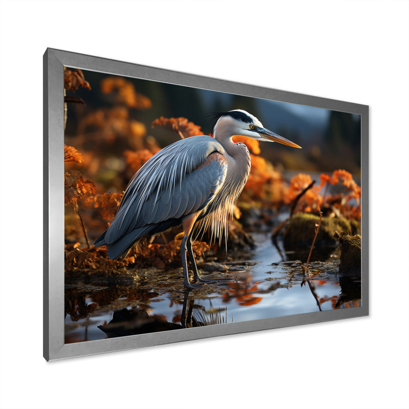 Heron Reflections Of Grace - Animals Wall Art Living Room, H 12 po x l 20 po x P 1 po, Cadre photo argenté