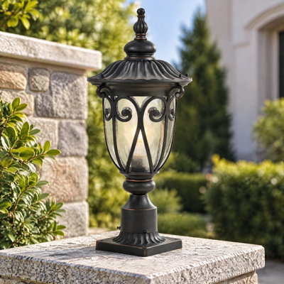 24" Vintage Antique Bronze Outdoor Pole Lantern, Aluminum Seeded Glass Lamp for Driveway & Garden