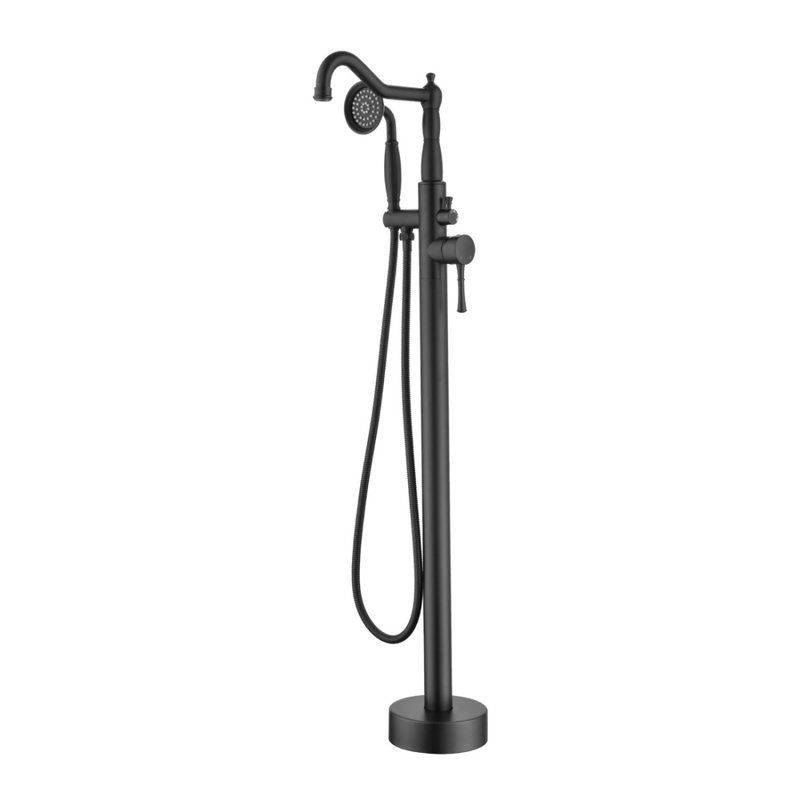 Robinet de baignoire autoportant à fixation au sol avec douche à main, Noir mat