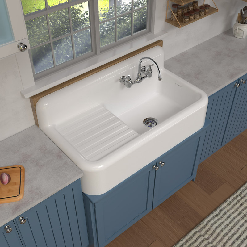 Heritage 42" Front Apron Single Bowl Fireclay Sink with Integral Drainboard and High Backsplash