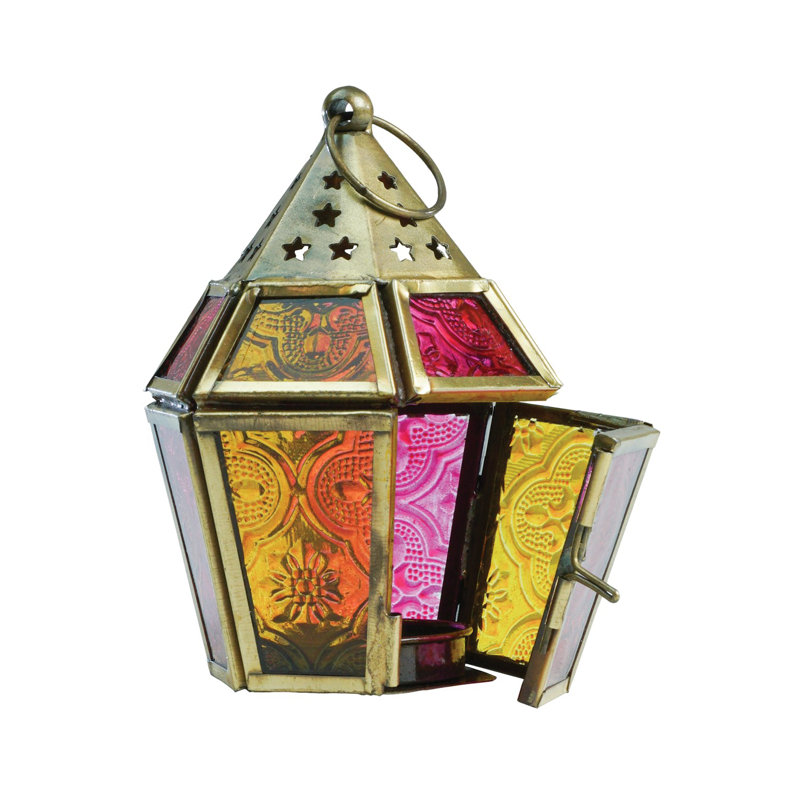 Mini lanterne hexagonale en verre, Jaune / Rose