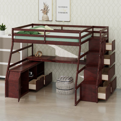 Lit mezzanine moderne avec 7 tiroirs, 2 tablettes et bureau intégré