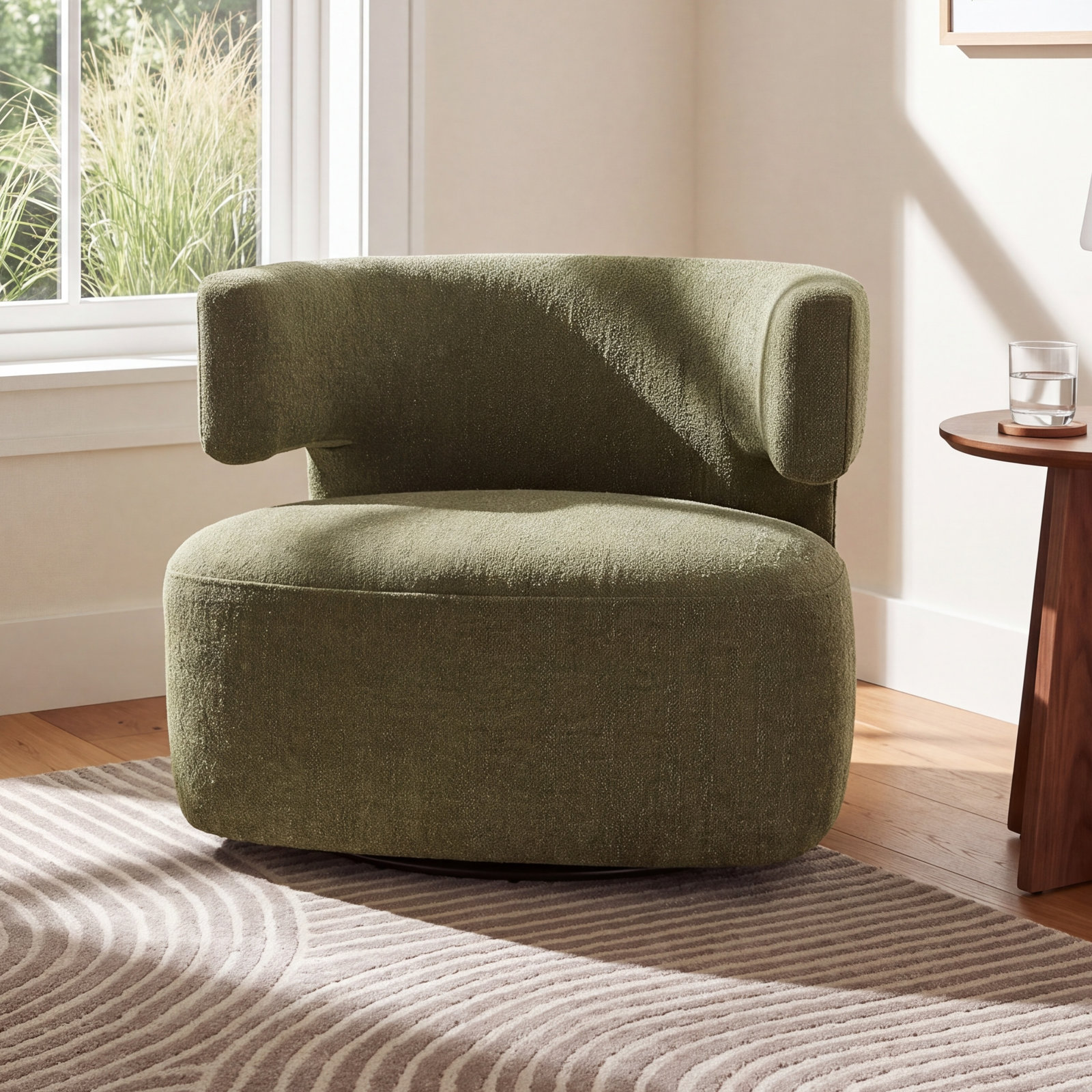 Bascom Swivel Barrel Chair, Mellow Forest Chenille