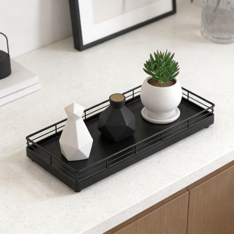 Wood Vanity Tray With Iron Mesh Edges, Bathroom Countertop Organizer For Dresser, Kitchen, Coffee Bar, And Home Decor, Black