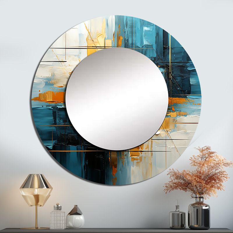 Collage doré abstrait abstrait fractal Reflections II - miroir unique de fractales, grand miroir mural rond doré, impression d'art en métal