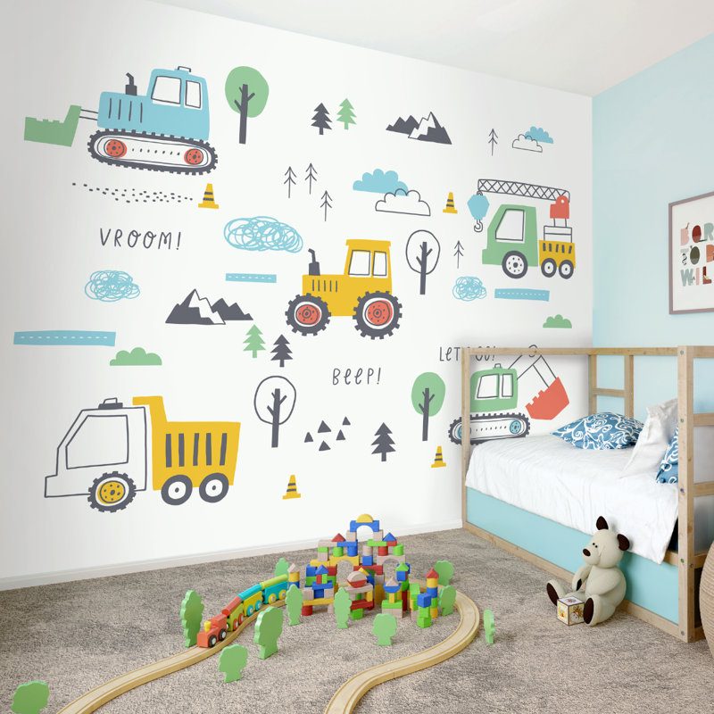 Tractors And Diggers - Wall Mural, Yellow, 280cm L x 350cm W 