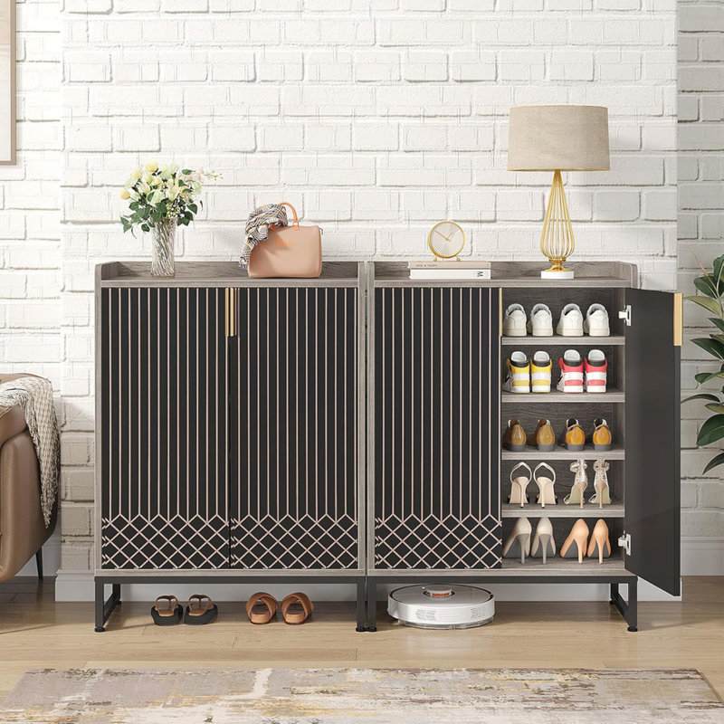 29.52" Shoe Cabinet With Doors, Gray/Black