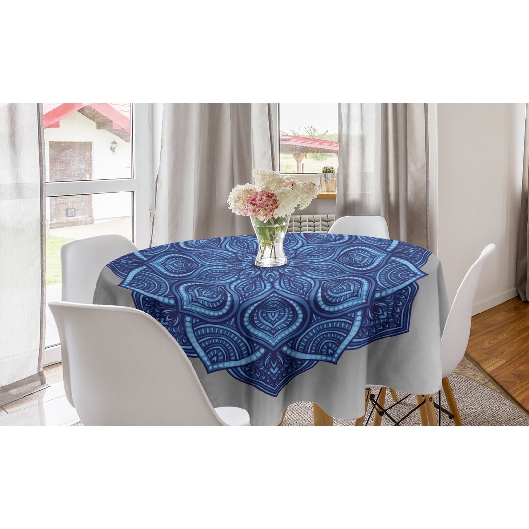 Runde Tischdecke, Vintage-Motiv, Blauer Mandala, Dunkelblau Hellblau Staub