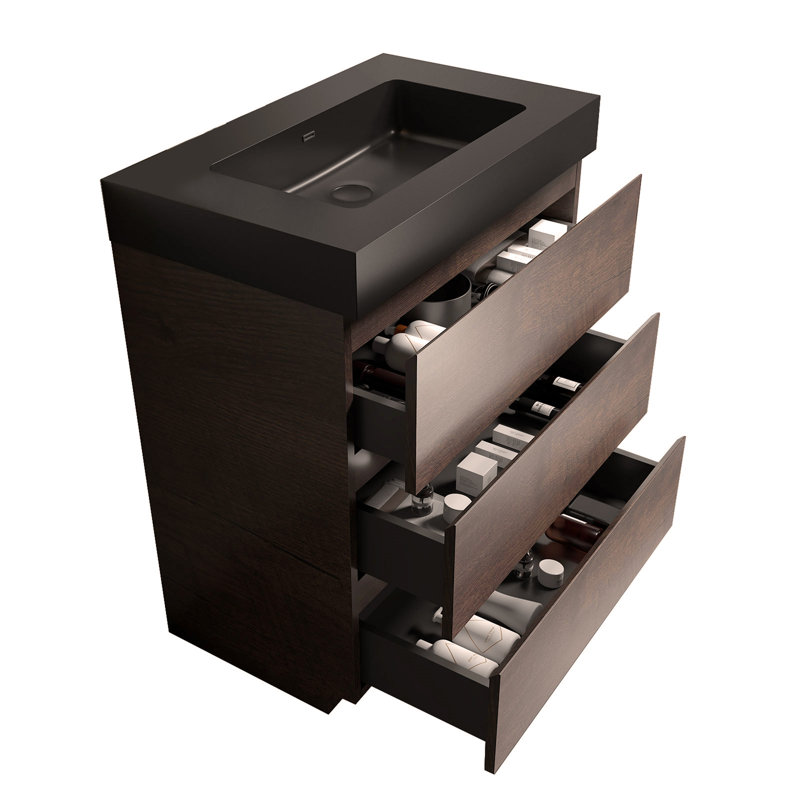 Meuble-lavabo autoportant de 30 po avec lavabo et grand rangement pour salle de bain, Noyer, Noir, noir, noir, noir
