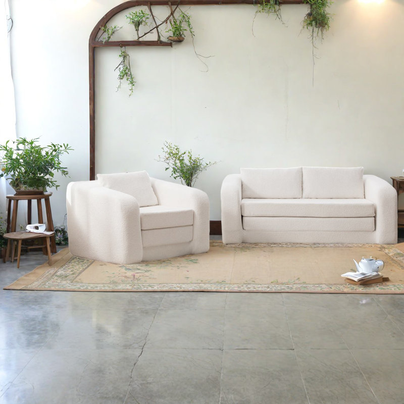 Modern Ivory Chenille Sofas Set, Multifunctional Convertible For Home