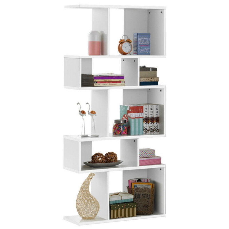 5-Tier Wood Geometric Bookshelf With S Shaped Design, White