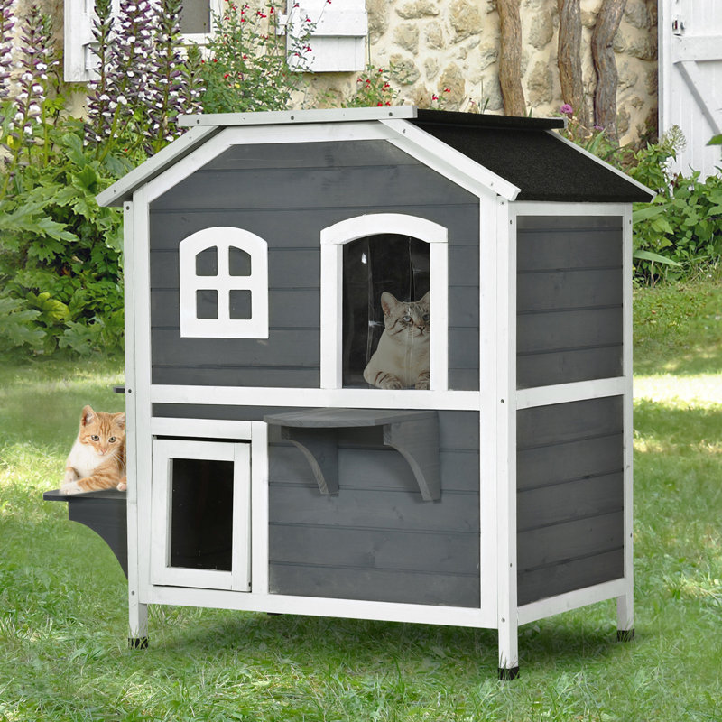 Enclos extérieur pour chat - 2 étages en bois avec plateforme, maison grise à utiliser, porte en bois, porte de secours, toit ouvrant et plateformes de saut