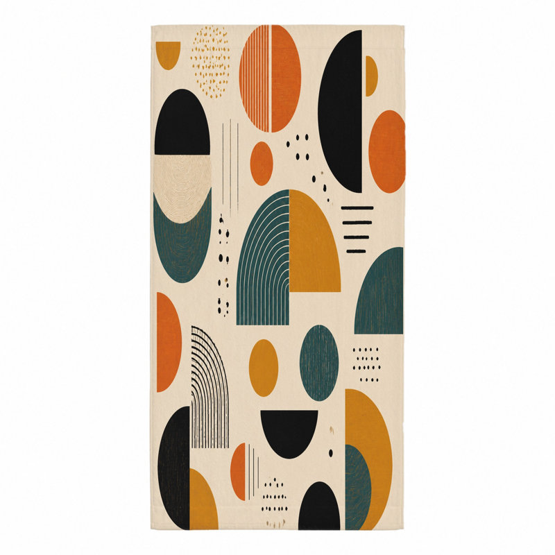 Serviette de plage géométrique abstraite de 1 pièce, avec des formes modernes de style Mid-Century dans des tons terreux comme l'orange, le bleu sarcelle et le noir sur fond crème. Grande microfibre, parfaite pour les sorties, les voyages, la décoration de salle de bain et les adultes.