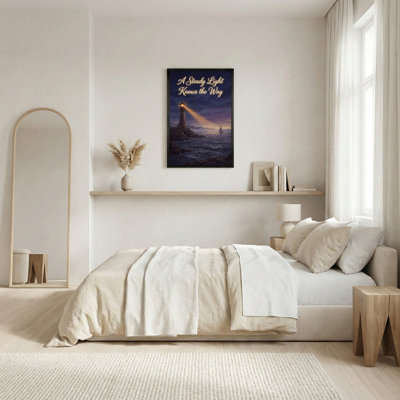 Illuminated Lighthouse And Sailboat At Twilight Canvas Wall Art