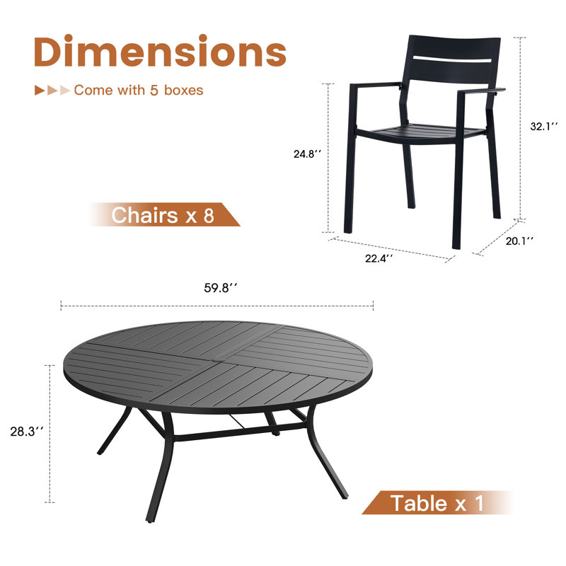 Ensemble de salle à manger de patio 60 po avec table en métal et 8 chaises avec accoudoirs, Noir / noir / noir