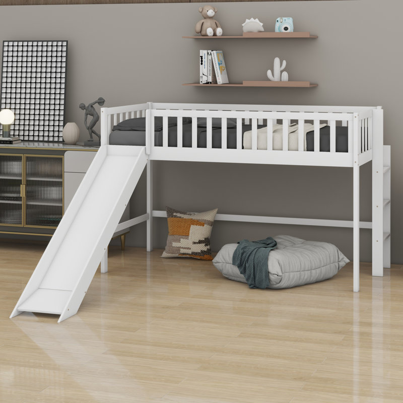 Low Loft Bed With Ladder And Slide, White