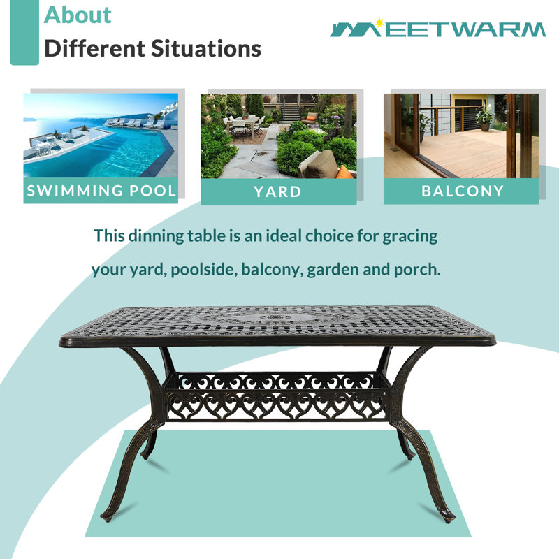 Rectangular Metal Outdoor Dining Table With Umbrella Hole , 60'' in. W 36'' in. D, Dark Bronze