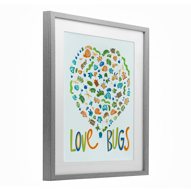 «Love Bugs» en forme de cœur, reproduction sous verre, conception de Connie Summers, Cadre de ferme gris, H 16 po x l 13 po