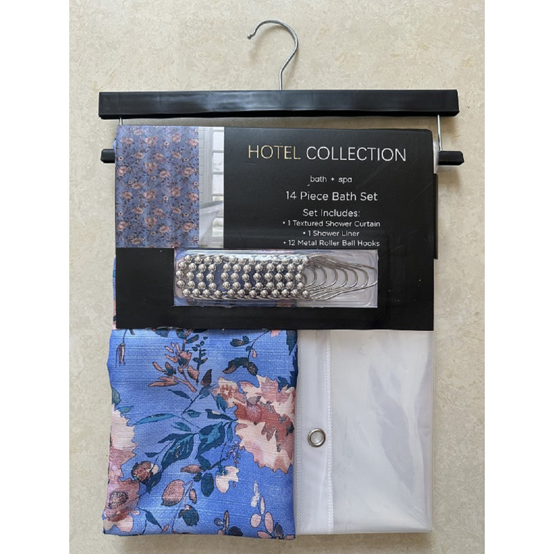 14 Pc Set Shower Curtain Hotel Collection, Blue Floral