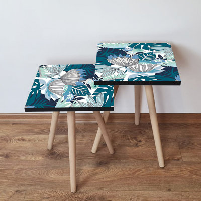 Ensemble de 2 tables gigognes Modernes, bleu marine et noir / blanc, 13,8 po x 18,5 po x 13,8 po | 100% panneau de fibres à densité moyenne avec pieds en bois de hêtre, épaisseur de 0,7 po | Élégant et fonctionnel pour le salon, la chambre à coucher ou le bureau