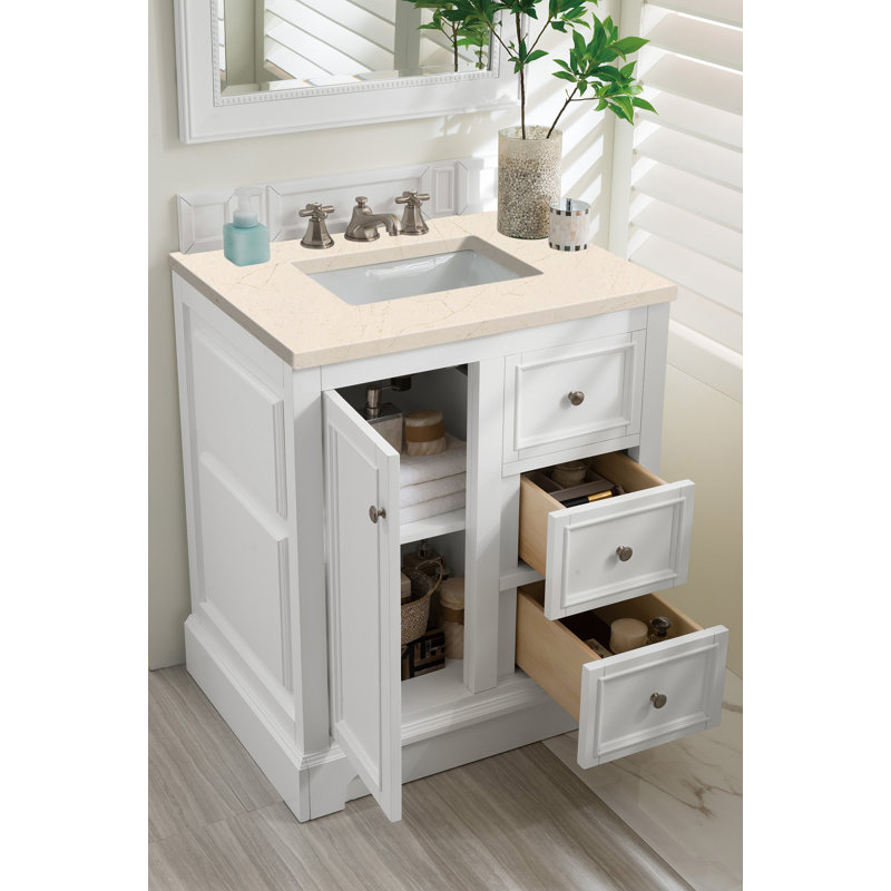 Kewstoke 31.3'' Single Bathroom Vanity with Top, Bright White, Ethereal Noctis Quartz, 8" Widespread