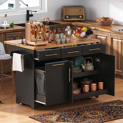 59.3" Rolling Kitchen Island With Drop Leaf & Trash Can Storage - Large Kitchen Cart With 2 Pull-Out Cabinet Organizers - Built-In Power Outlet - Black