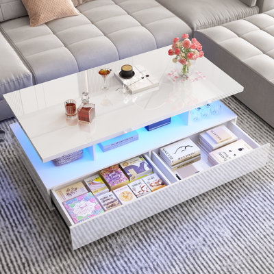 Table basse à lumières DEL Jaycean avec 2 grands tiroirs et tablettes ouvertes