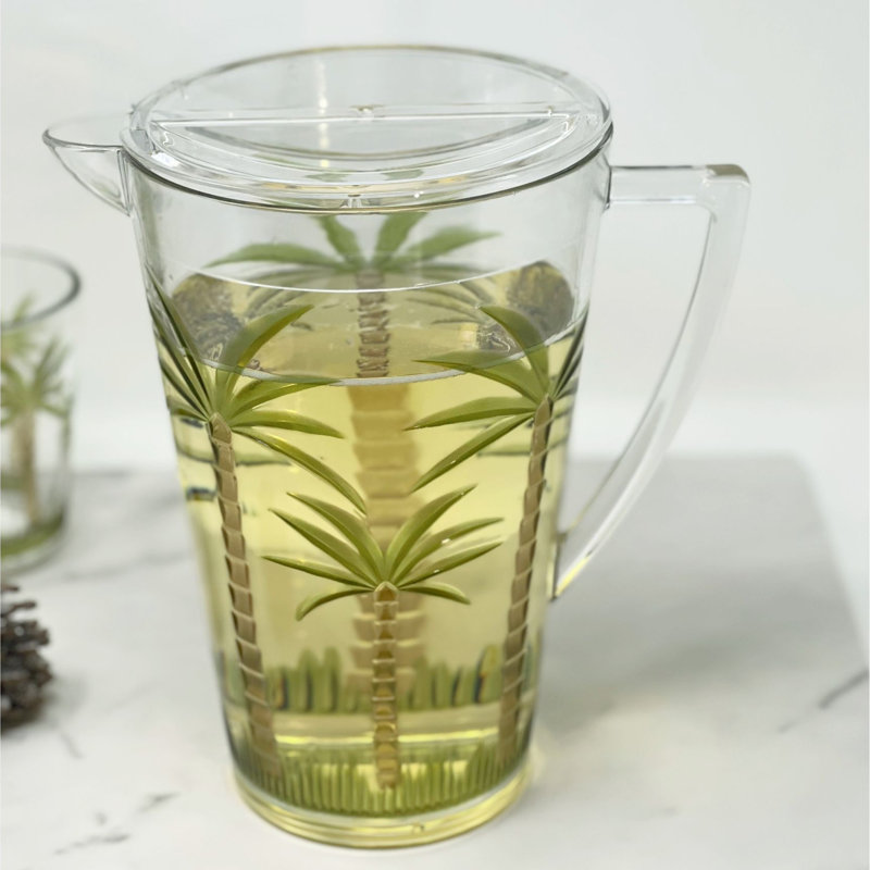Pichet à eau en plastique incassable 2,75 pintes avec couvercle et bec - sans Bpa, conception de palmier transparent pour les fêtes tropicales, jus, limonade